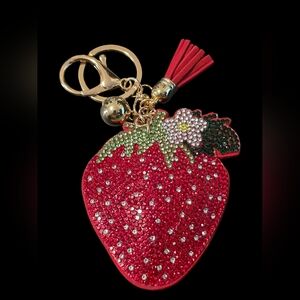 Strawberry Rhinestone Bag Charm Keychain with Gold Accents